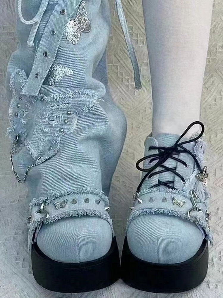 White/Pink/Blue Leg Buckle Straps Metal Pattern Butterfly Warmers Y2K