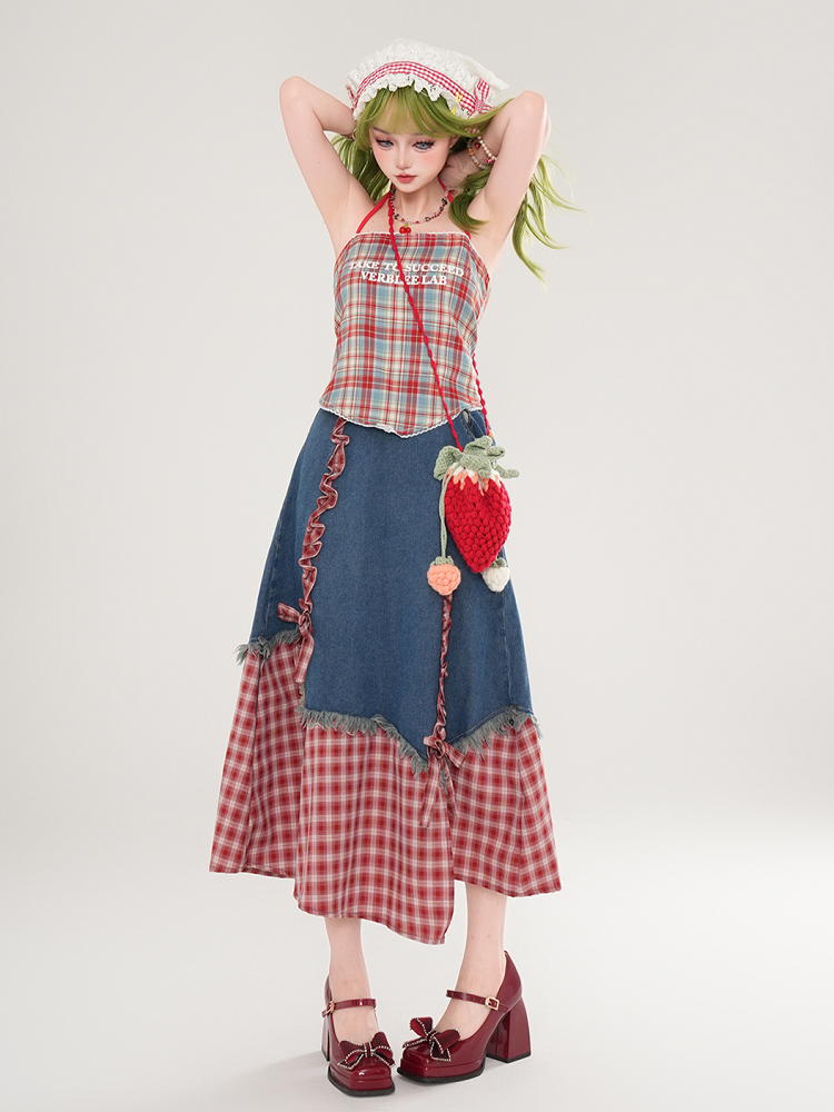 Denim Mit Patchwork Kleid Blaue Träger Rot Marine Selbstbinden Plaid Und