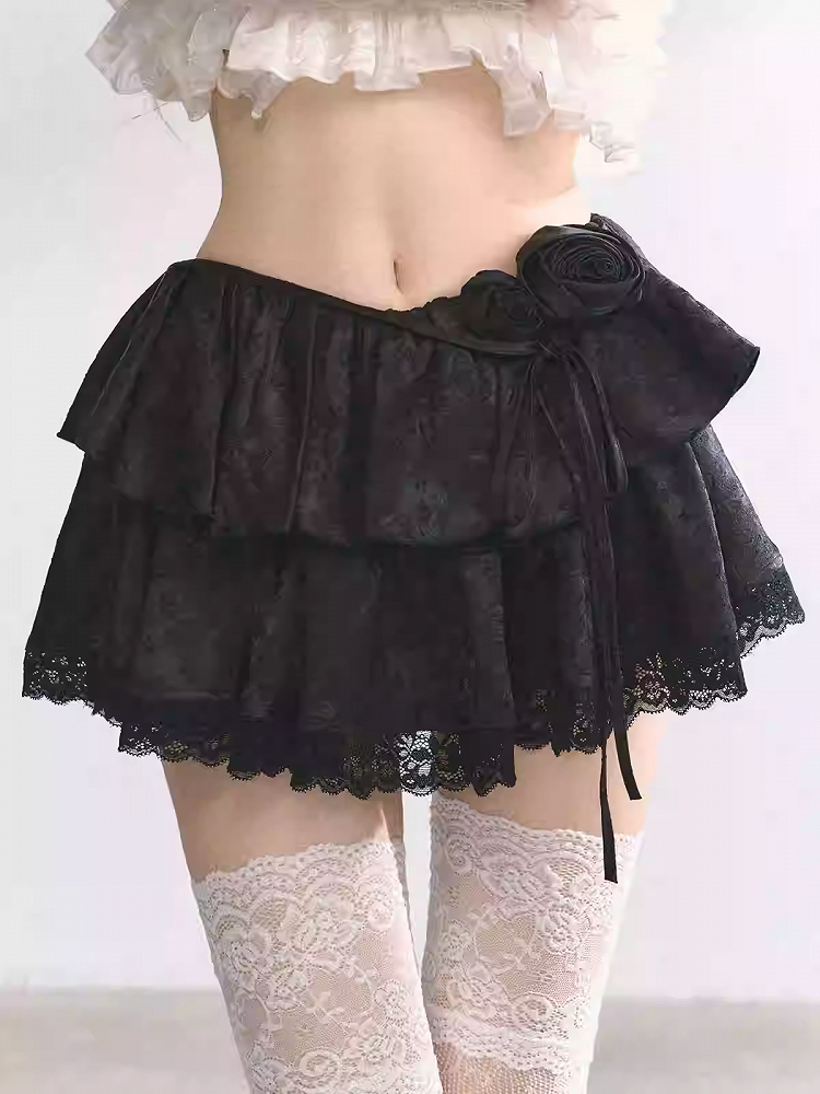 スカート ブラック/アプリコット 伸縮性ウエスト レーストリム 花柄 ティアード ミニ