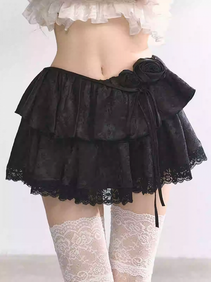 スカート ブラック/アプリコット 伸縮性ウエスト レーストリム 花柄 ティアード ミニ