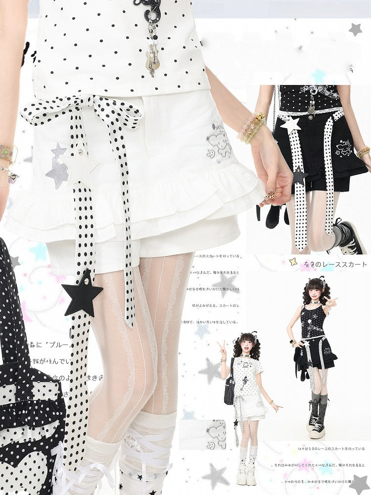 White Ruffled Shorts with Star & Puppy Embroidery - Languid Park
