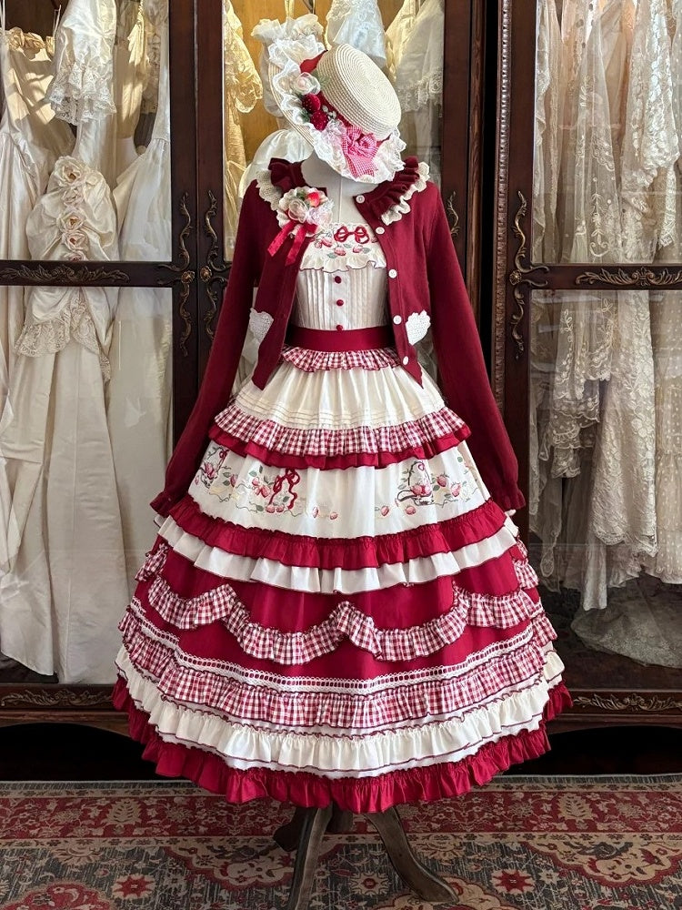 White Strawberry Dress Embroidery Red Ruffles Layered Sweet with Lolita