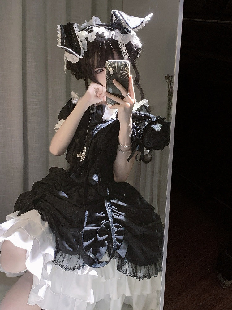 and Asymmetrical Dress Black Lolita Peter Pan White Skirt Tiered Gothic Sleeves Collar Short