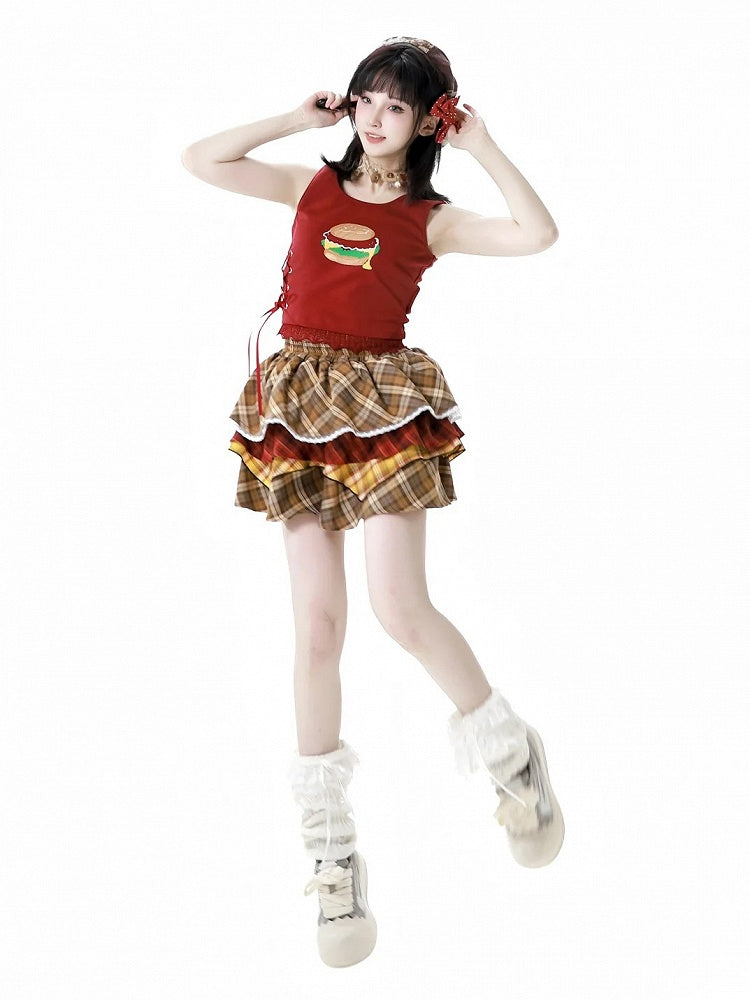 Weiß/Rotes Spitzen-Tanktop mit Burger-Print und Schnürung im Detailbesatz