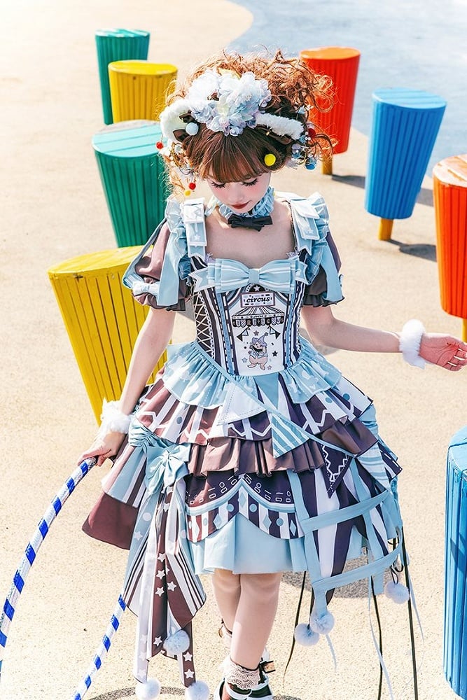 Brown Skirt Sleeves Detachable with Embroidery Dress Circus Lolita Jumper Bunny Blue Sweet Puff and