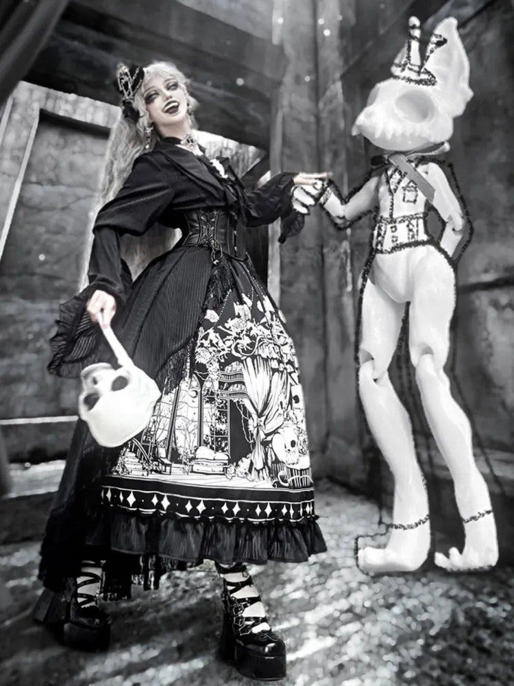 Ärmel Dunkler Gürtel Verfügbar Schwarzes Korsett Gothic Plus Set Lang - Voller Lolita Rock Größen Shirt +