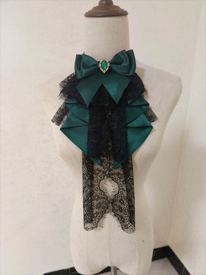Dark Green bow neck accessory with black lace layers