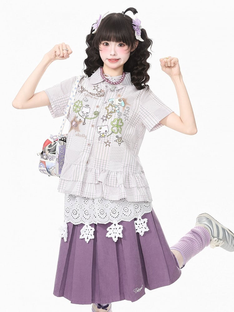 Purple Plaid Short Sleeve Shirt with Cartoon Print - Languid Park