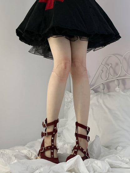 膝と足首の関節プリントヌードカラータイツ