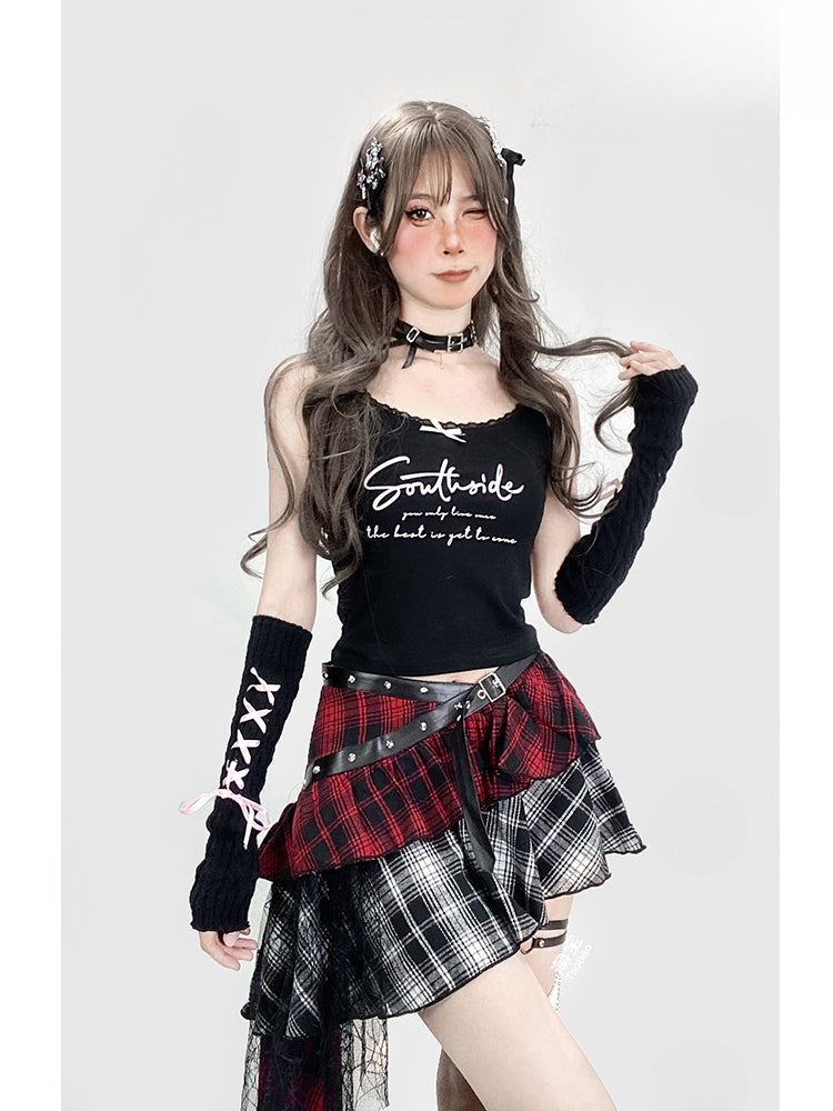 Y2K ブラック グラマラス レター レーストリム クロップド キャミソール トップ + レースアップ ニットスリーブ