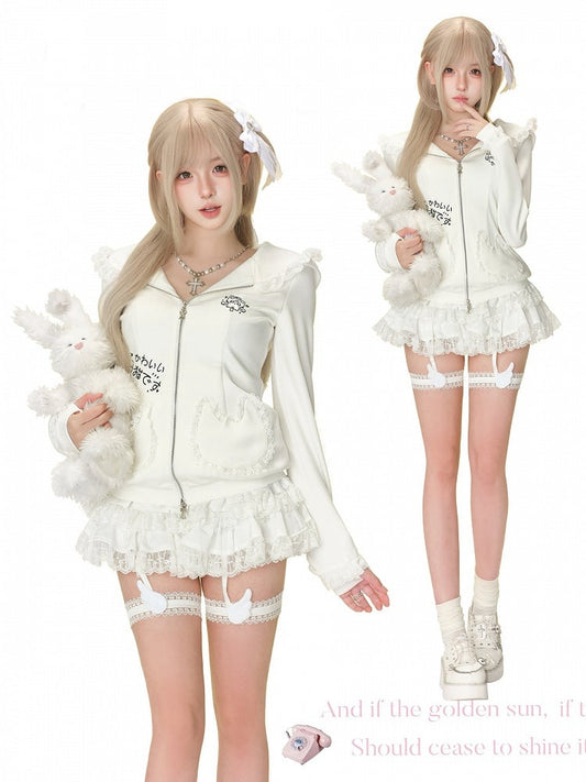 Otaku Cross Zipper Moe Hooded Jacket White -