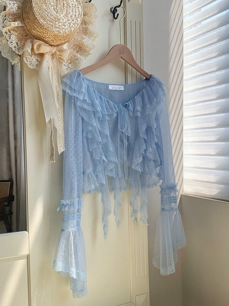 Cascading Top Trim Long Tulle Ruffle Sheer Dotted Blue Sleeves