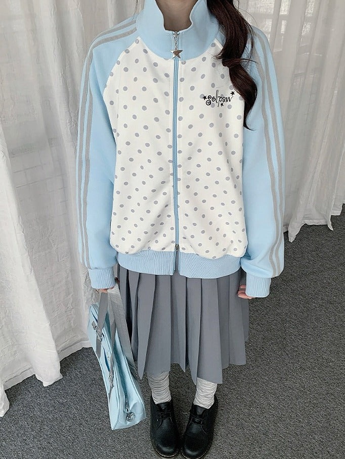 White Y2K Polka-Dot Zip-Up Jacket Featuring Stand Collar Style - Solkatt