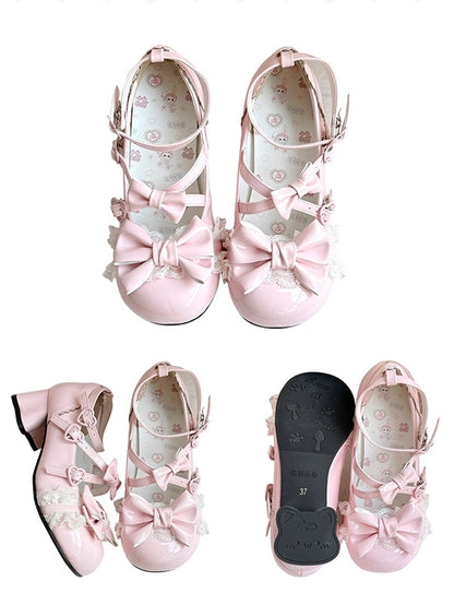 Heart - Sweet Design Mary Pink Kitten Lolita Mid-Heel Heel Janes Crisscross Snap with