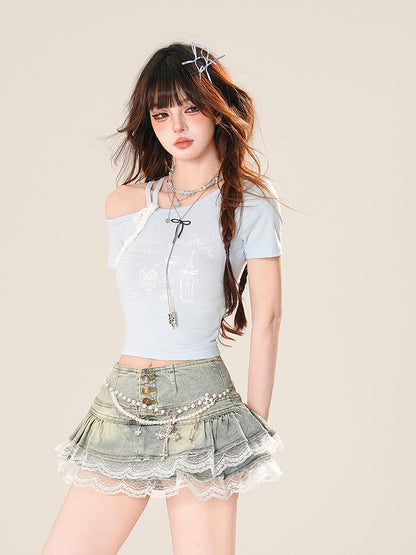 T-Shirt Print Asymmetrical Letter Blue Neckline with