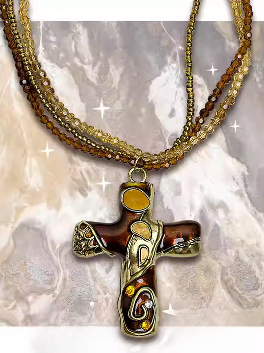 Gold/Braun Kreuz Anhänger Dreilagige Perlenkette