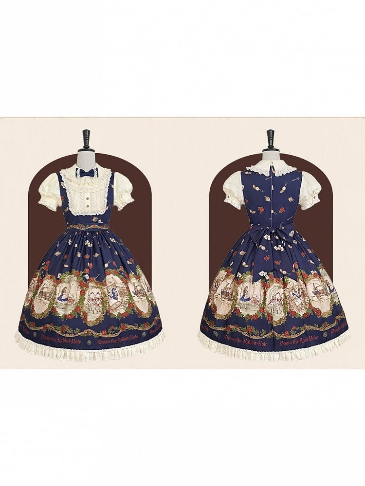 Wonderland Alice Floral Print Dark Blue Lolita OP Puff Sleeves - Stars Fall on the Foggy Island