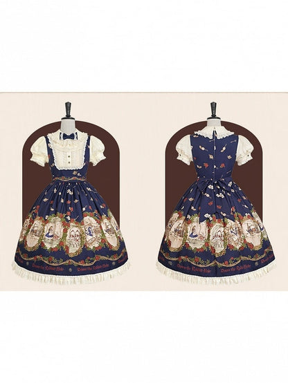 Wonderland Alice Floral Print Dark Blue Lolita OP Puff Sleeves - Stars Fall on the Foggy Island
