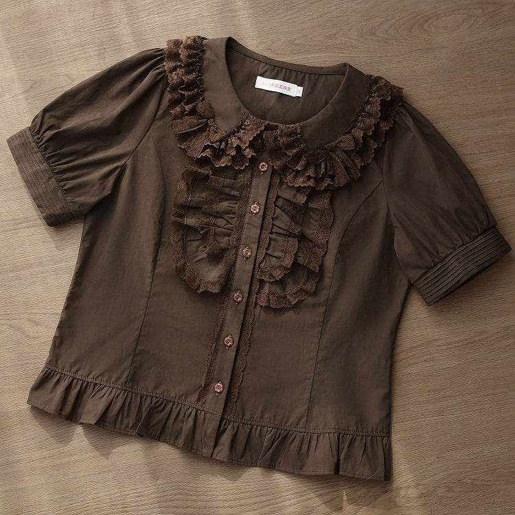ピーターショートコーヒーブラウススリーブパフパンカラーコットン