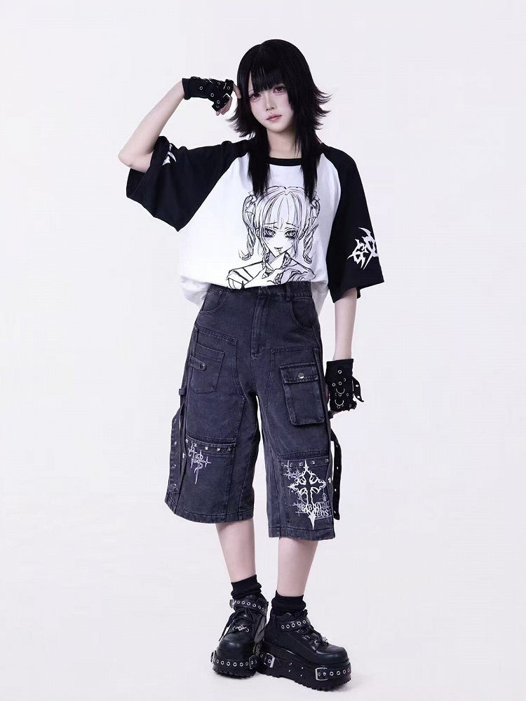 Dark Style Washed Gray Cargo Cropped Denim Pants with Embroidery Detail - Tribuo Flos