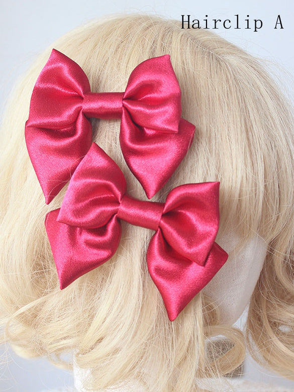 Red Satin Lace Trim Bonnet With Bowknot Hairclips