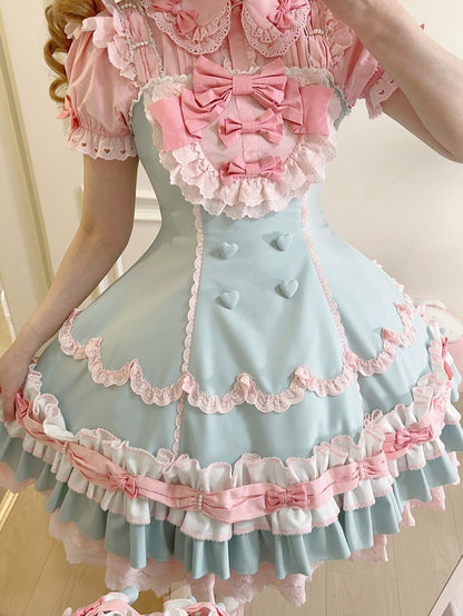 and Hemline Old Pink Decorated Sweet Layered Green Ruffle Bows