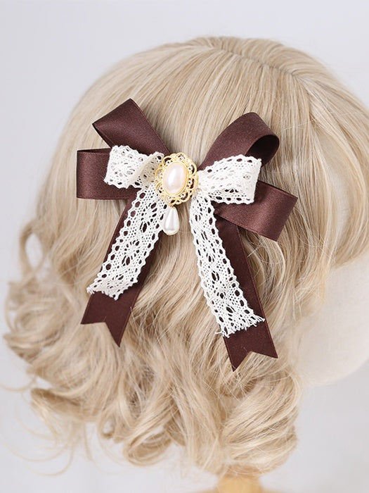 Bead Lace Hairclip Bowknot Decorations With Beige Lolita Sweet Brown