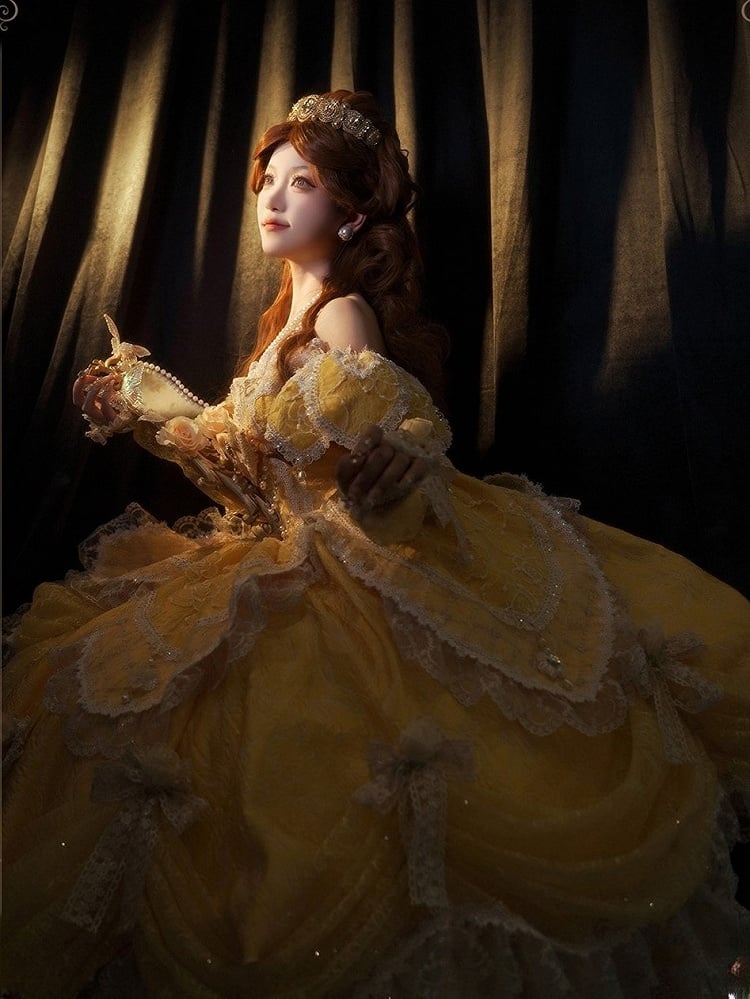 Hanayome Details Bow Yellow Layered Lace Gown and Ruffles Version with Short Lolita Hime Off-Shoulder