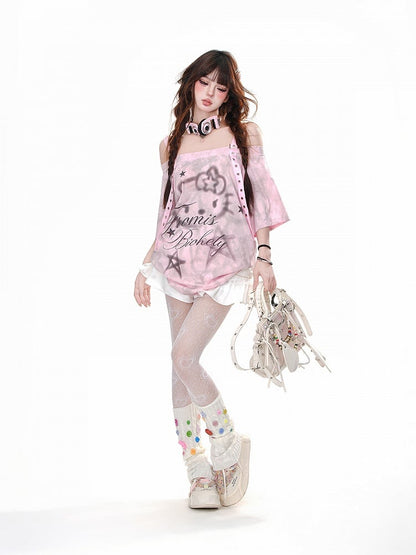 Rosafarbenes, schulterfreies Kitty Bittersweet Loose T-Shirt