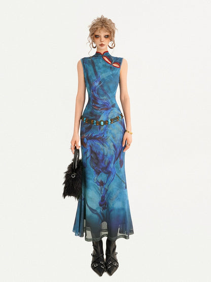Sleeveless Cheongsam Dress with Oil Painting Horse Pattern