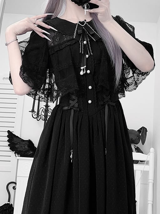 Schwarz mit Spitze, Schnürung, Jirai-Silhouette, verstellbar und Taille, Kei-Kleid, Chiffon-Umhang