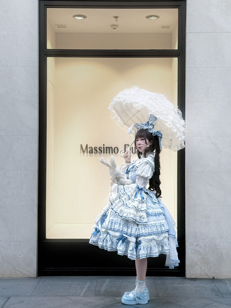White Ruffled Neck Lolita Tiered Bell Sleeves Blouse with Blue Bows - Starry Messenger