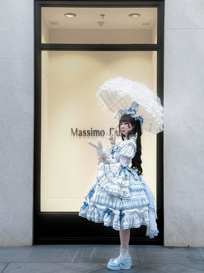 White Ruffled Neck Lolita Tiered Bell Sleeves Blouse with Blue Bows - Starry Messenger