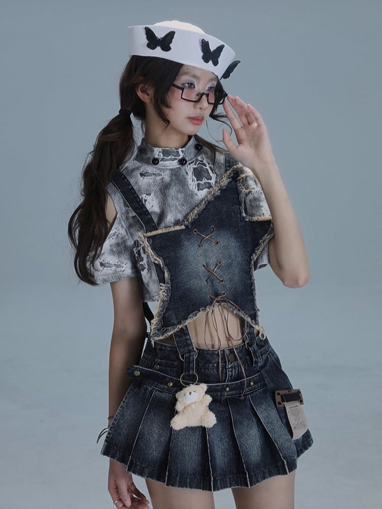 Blue Front Dusty Pleated Overall Shape Skirt with Punk Convertible Star Denim Distressed Dress