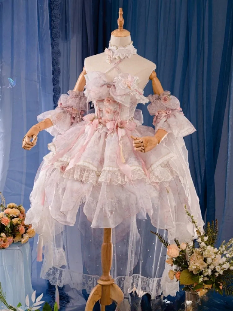 Rosa Prinzessin Fee Blumenmuster Set voller Schmetterling und JSK Kleid Lolita Blume