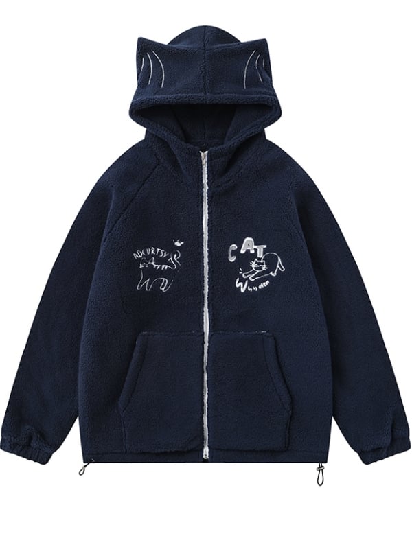 Grün/Marineblauer Fleece-Kapuzenpullover mit süßem Katzenohren-Design