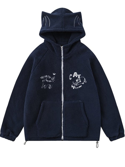 Grün/Marineblauer Fleece-Kapuzenpullover mit süßem Katzenohren-Design