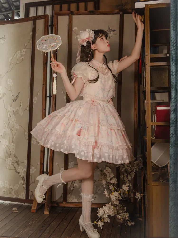 Pink Tiered Skirt Qi Lolita Dress Delicate Peach and Peach Blossom Embroidery on Neck