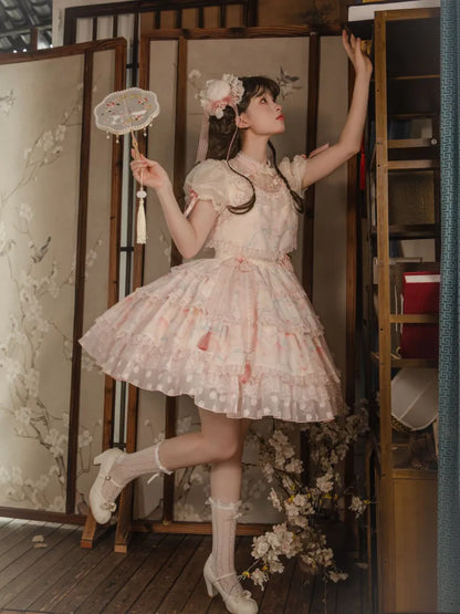 Pink Tiered Skirt Qi Lolita Dress Delicate Peach and Peach Blossom Embroidery on Neck