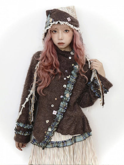 Playful Accents with Brown Kei Buttons Cardigan Mori Green Knit Plaid Vintage