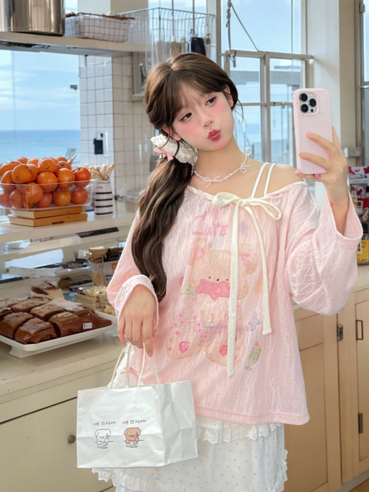 Pink/White Asymmetrical Neckline Drawstring Waist Teddy Bear Top