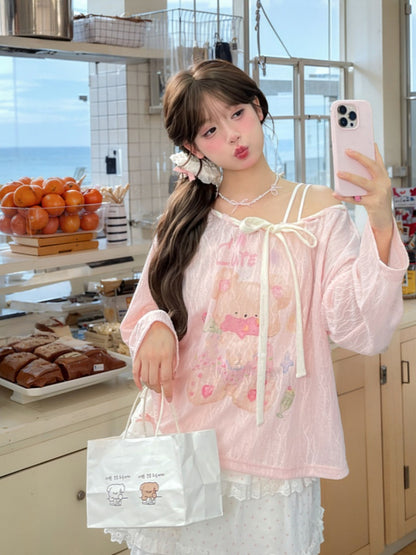 Pink/White Asymmetrical Neckline Drawstring Waist Teddy Bear Top