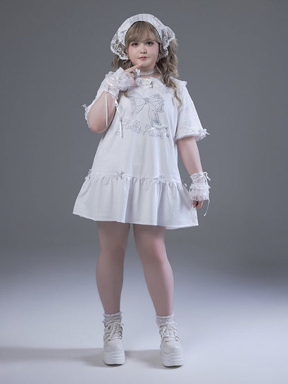 Peter Pan Collar Short Sleeve T-Shirt Dress with Print & Bows - Fluffy Heart
