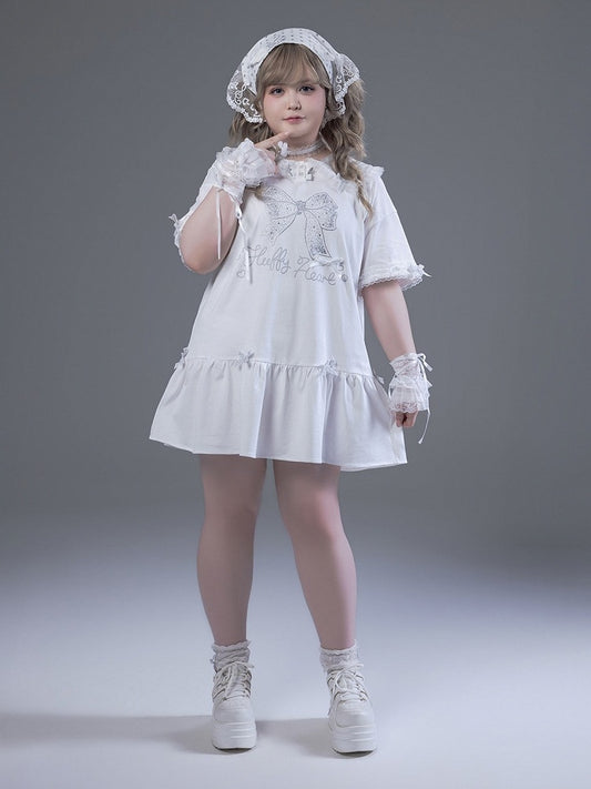 Peter Pan Collar Short Sleeve T-Shirt Dress with Print & Bows - Fluffy Heart