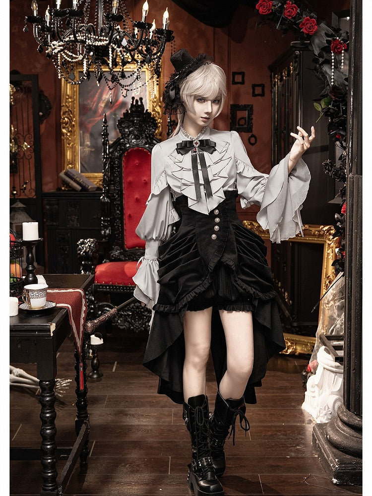Gothic Ouji 5-Piece Ensemble: Poet Sleeve Shirt, Bloomers, Corset, Mini Hat & Bow Tie - With PUJI