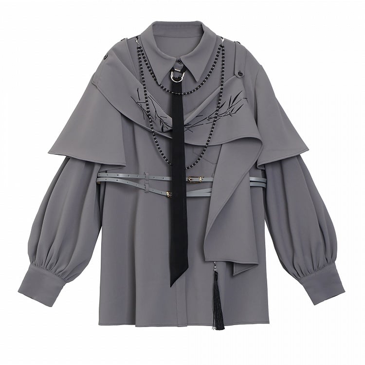 Shirt Shoulder Buckle and Embroidered Cape Detachable Cheongsam Style with Gray Bamboo Belt