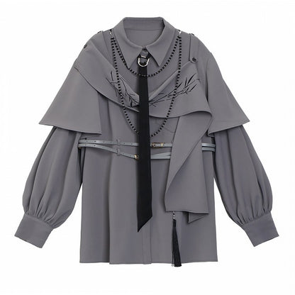 Shirt Shoulder Buckle and Embroidered Cape Detachable Cheongsam Style with Gray Bamboo Belt