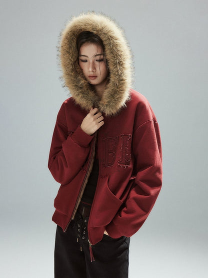 Patch Plush-lined - Red Letter Closure Jacket Zip Hood Vintage Details Wine