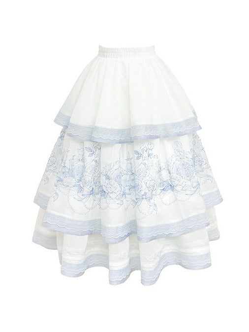 Layered Blue & White Lace Tencel Skirt with Floral Print - Yimu Walnut
