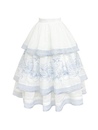 Layered Blue & White Lace Tencel Skirt with Floral Print - Yimu Walnut